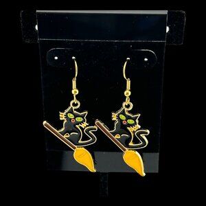 Midnight Rider Black Cat Earrings Enamel Gold Tone Gold Plated Ear Wires